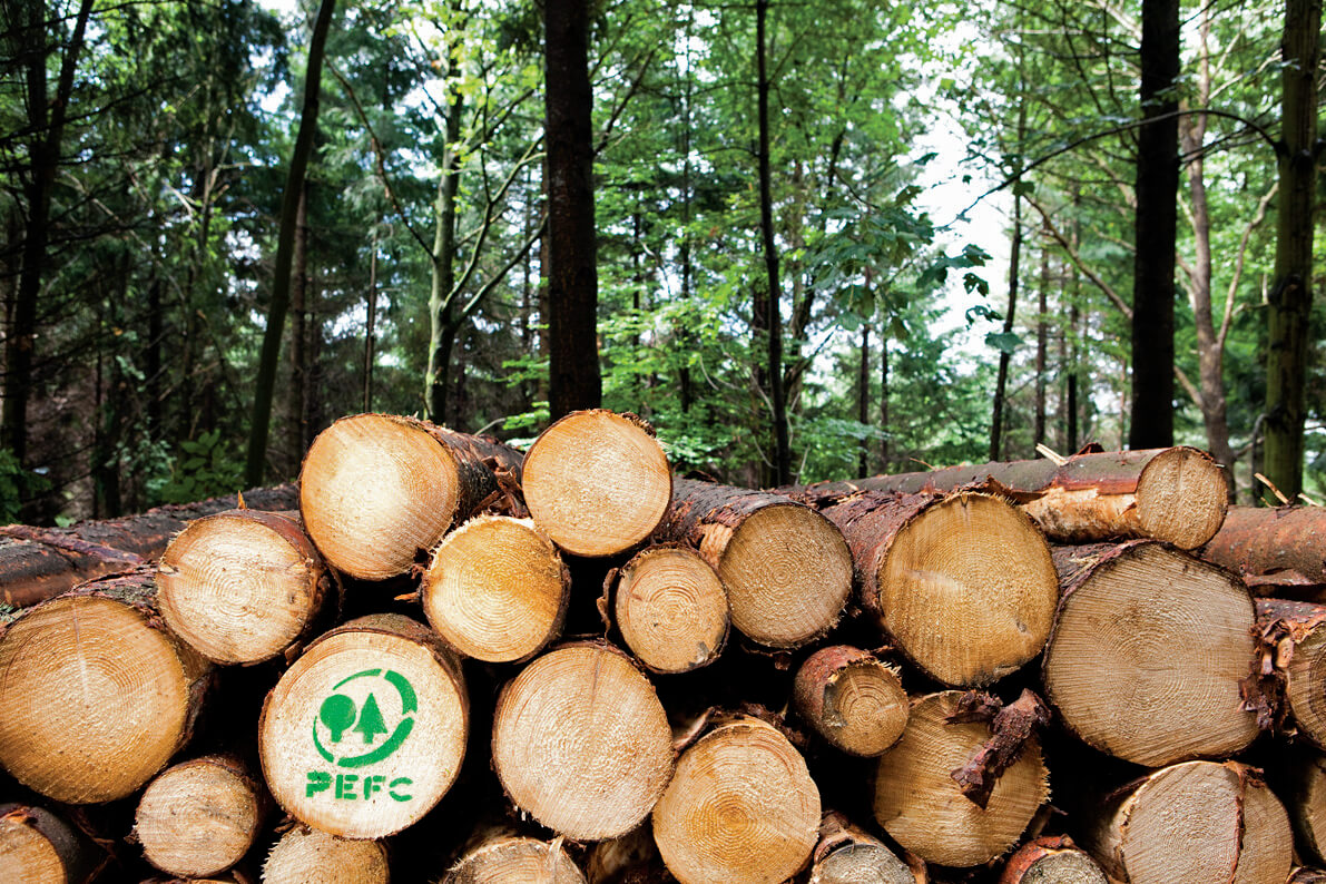 legname PEFC proveniente da foreste sostenibili per la costruzione di case in legno prefabbricate in bioedilizia